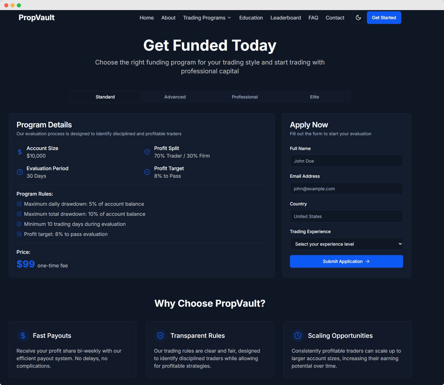 PropVault Get Funded Today Page - Professional prop trading website design showcasing conversion-focused page for traders looking to get funded.