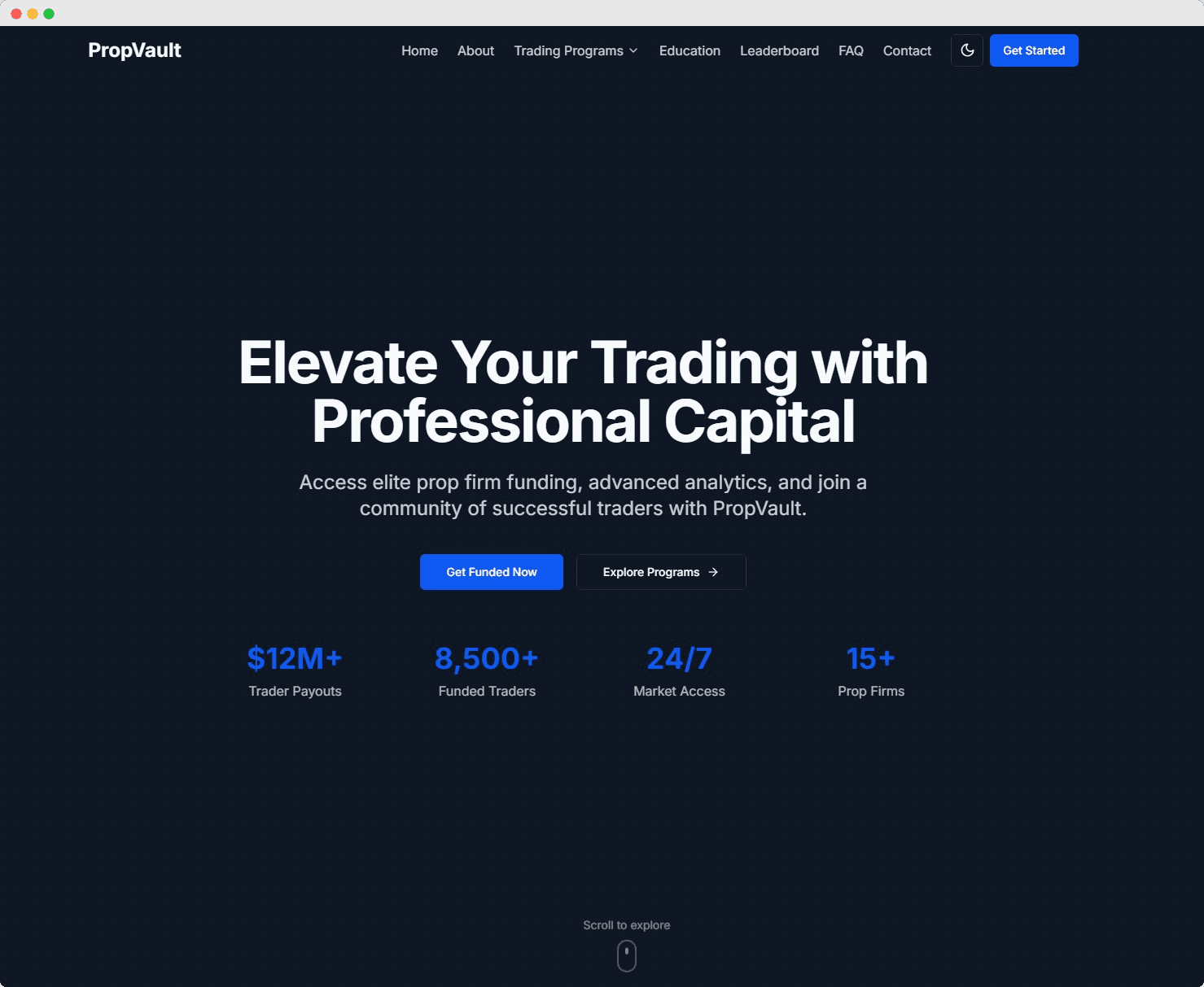 PropVault dashboard showing trading analytics, performance metrics, and funding status for prop traders