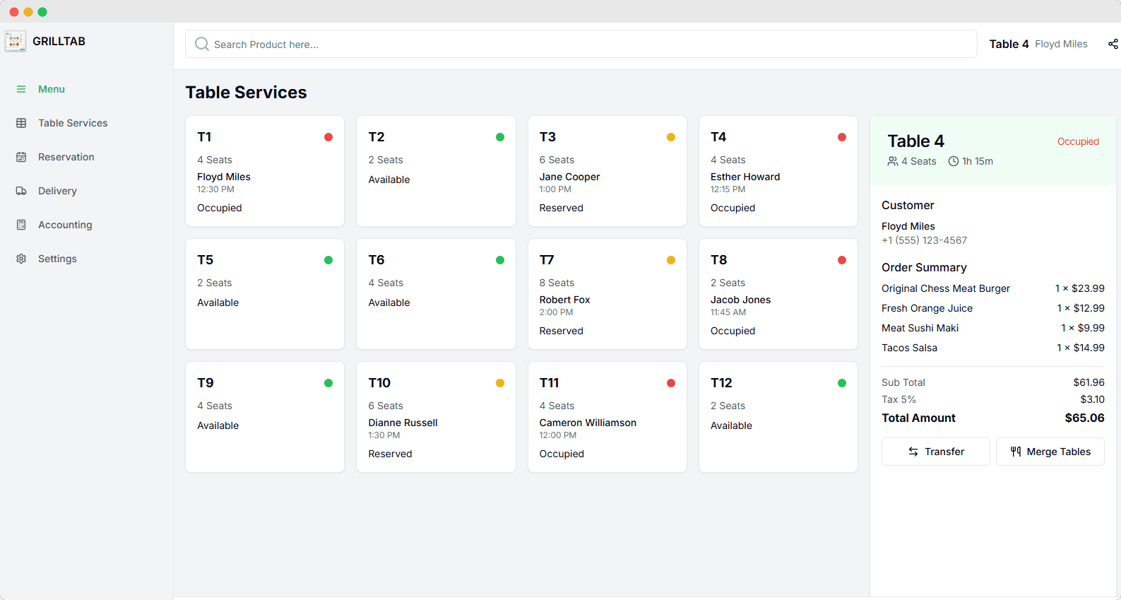 Table Management - Interactive floor plan showing table status and current orders.