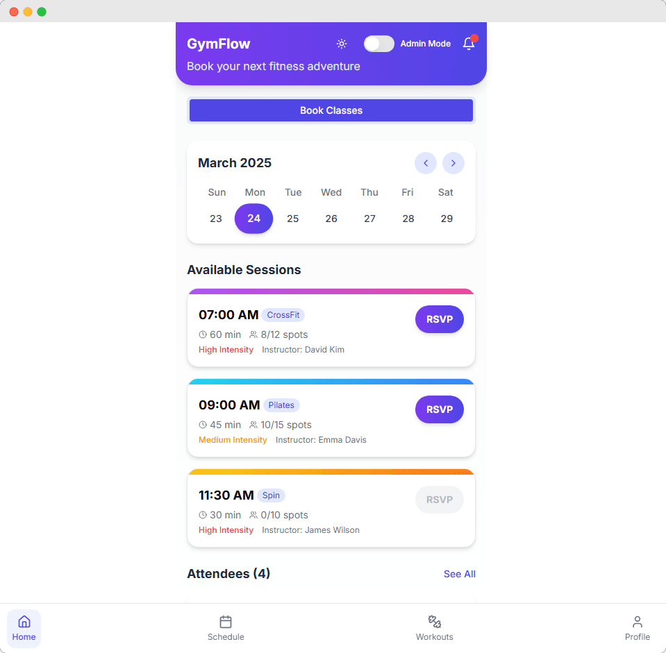 Class Booking Interface - Calendar view with available fitness sessions for the selected date.