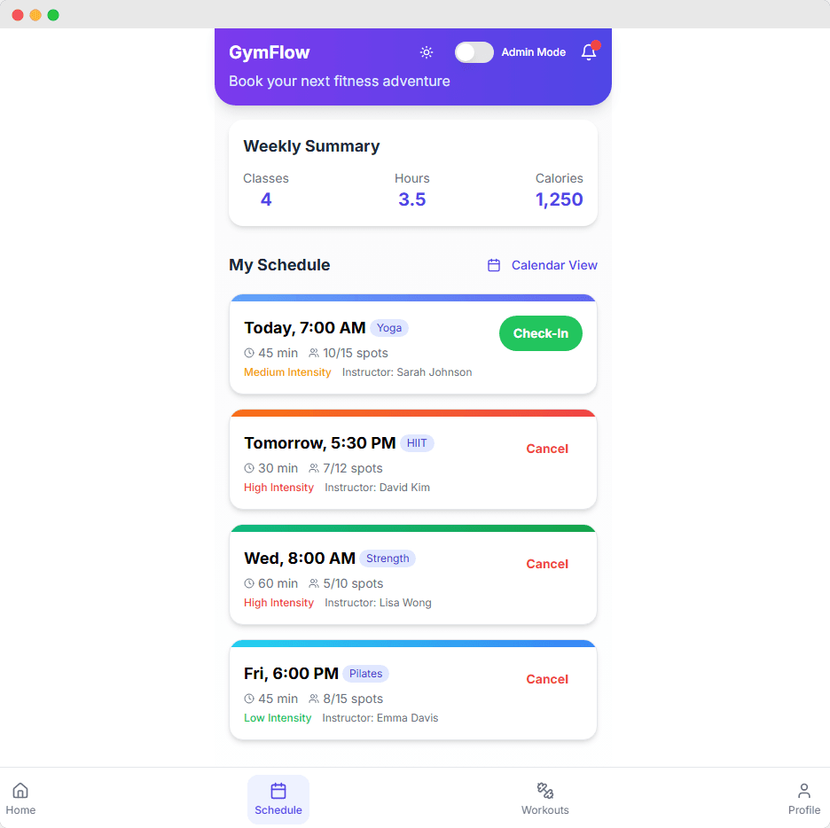 My Schedule View - User's scheduled classes with check-in and cancellation options.