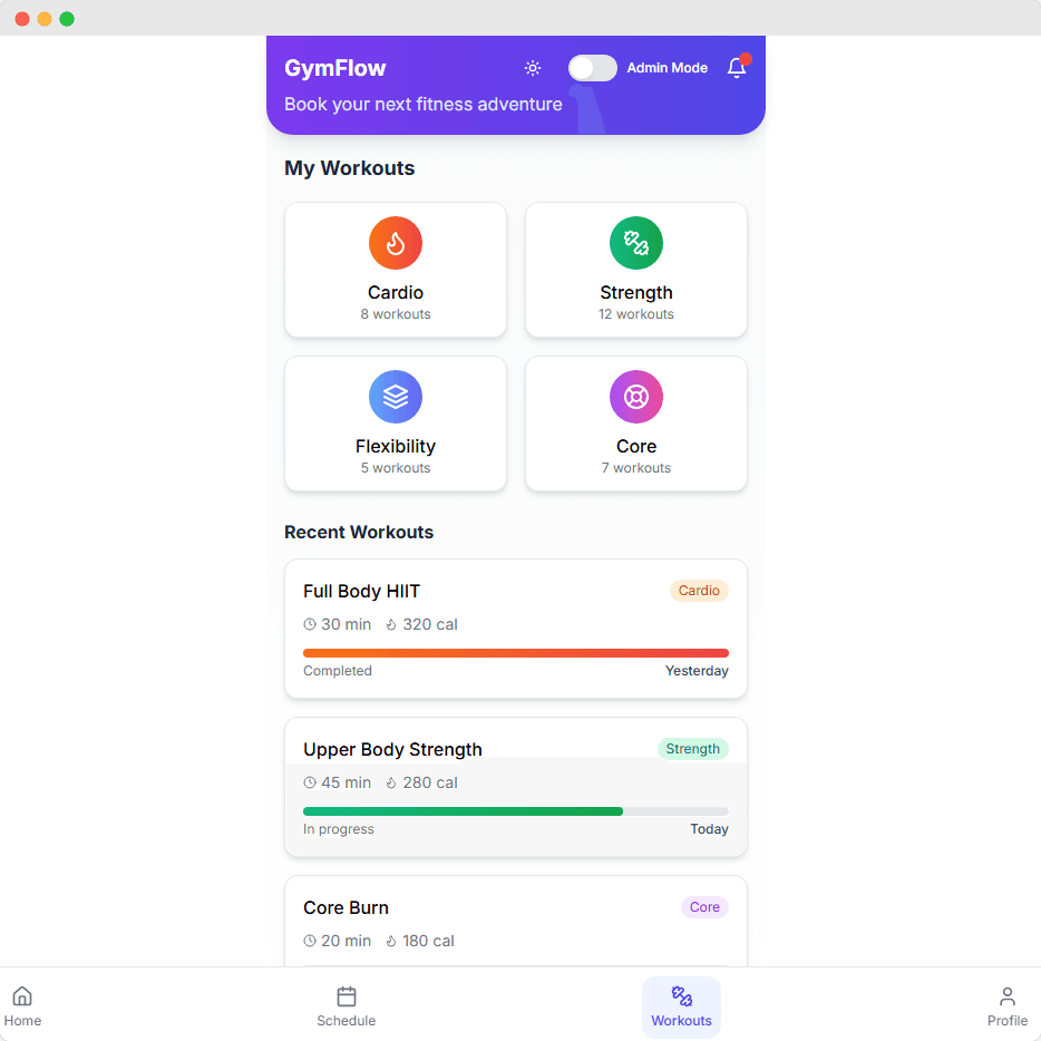 Workouts Dashboard - Workout categories and recent workout history with progress tracking.