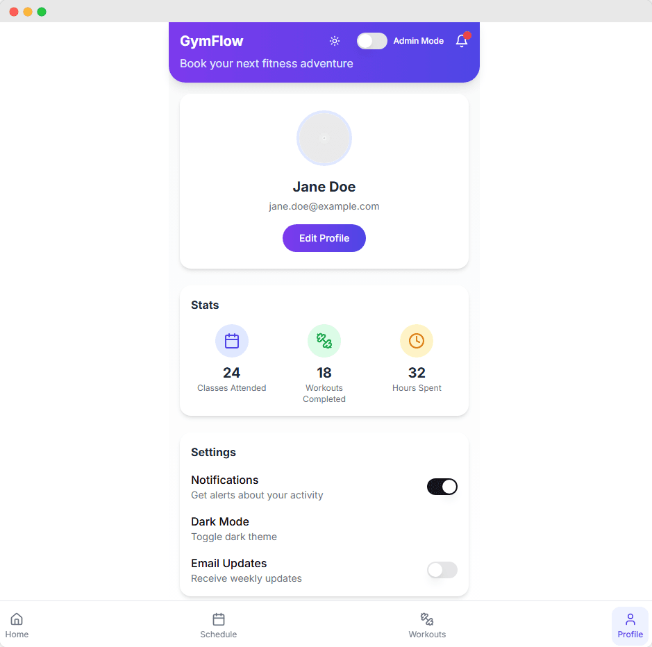 User Profile - User stats and app settings with dark mode toggle.