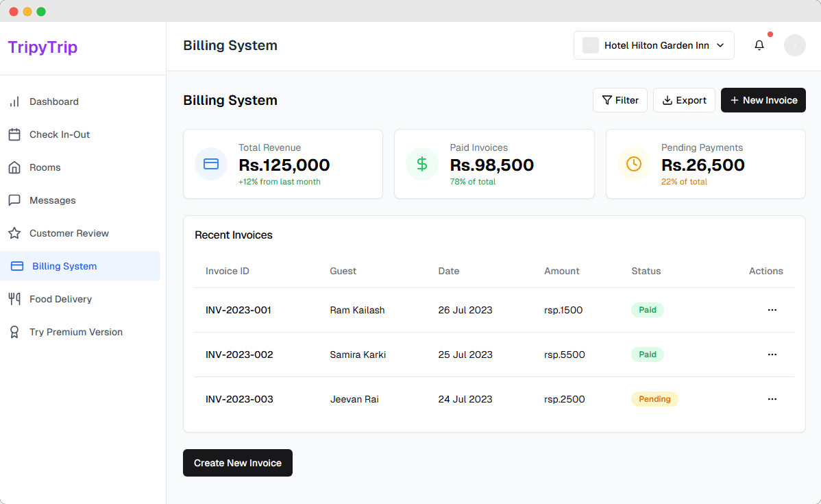 Billing System - Centralized view of hotel invoices and payment statuses.