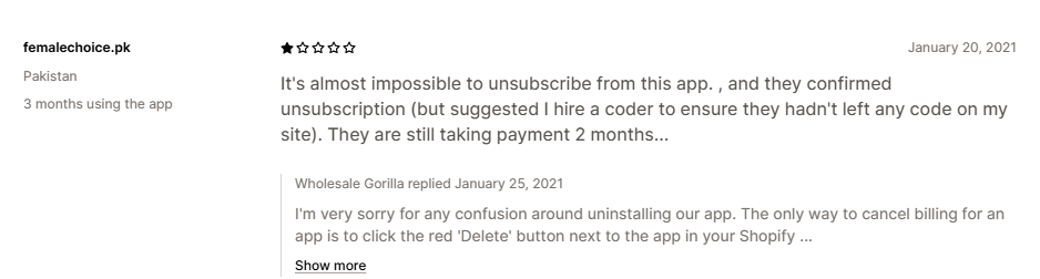 Shopify App Store review — Almost impossible to unsubscribe, suggested hiring a coder to check for leftover code