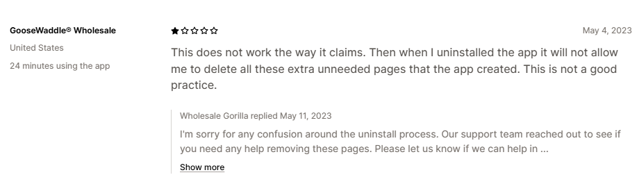 Shopify App Store review — After uninstalling, app will not allow deleting extra unneeded pages it created