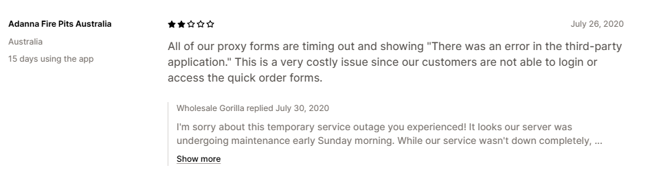 Shopify App Store review — All proxy forms timing out, customers cannot login or access quick order forms