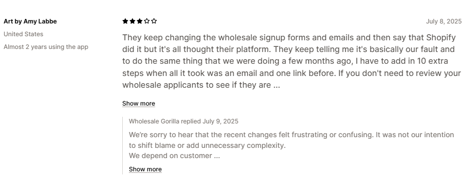 Shopify App Store review — App keeps changing wholesale signup forms, adding extra steps that break existing workflow