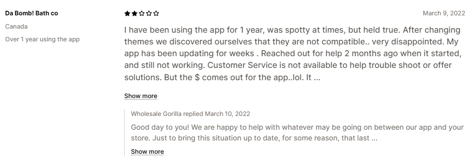 Shopify App Store review — After changing themes, wholesale app is not compatible and support unresponsive for 2 months