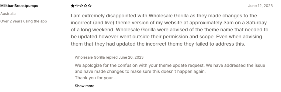 Shopify App Store review — Wholesale Gorilla made changes to the wrong live theme at 3am on a Saturday