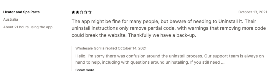 Shopify App Store review — Uninstall instructions only remove partial code with warnings that removing more could break the website